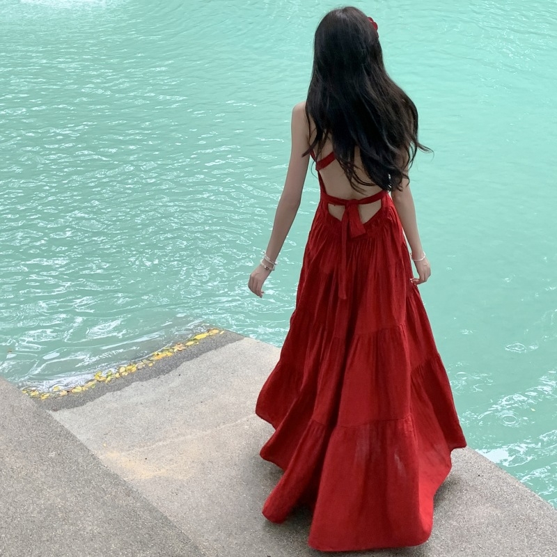 Váll nélküli strandruha, V-nyakú, hát nélküli, hosszú pántos szoknya, pamut-poliészter keverék