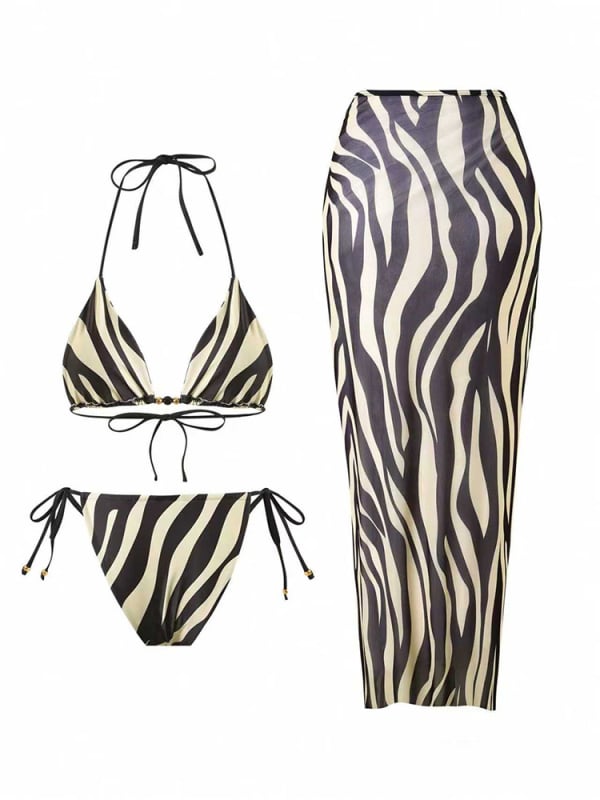 Trodjelni ženski bikini set s otiskom, gornji dio s trokutastim košaricama, brzo-sušeći poliester-spandeks materijal, podstava za prsa, bez čelične potpore, bez rukava, duga zavijajuća suknja.