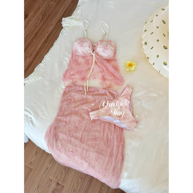 Ženski bikini set od tri dijela s podstavljenim gornjim dijelom, bez leđa, duga suknja s prorezom, brzo sušeći poliester (71–80%)