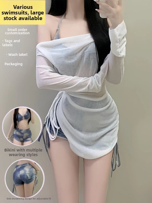 Ženski kupaći kostim za odmor, plavi tie-dye u američkom stilu, trodjelni set: gornji dio, donji dio i cover-up.