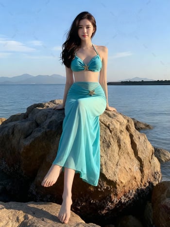 Trodjelni kupaći set: beznaramenkasti bikini s dugom suknjom, čvrst dizajn, brzo sušenje, visoka elastičnost, jastučić za prsni koš, poliester 230 g, podstava 100% poliester