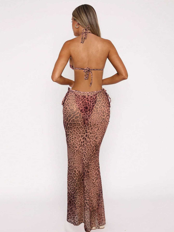 Trokomponentni leopard print bikini set: trokutasti gornji dio s umetkom, prozirna duga suknja, materijal poliester/elastan 82/18