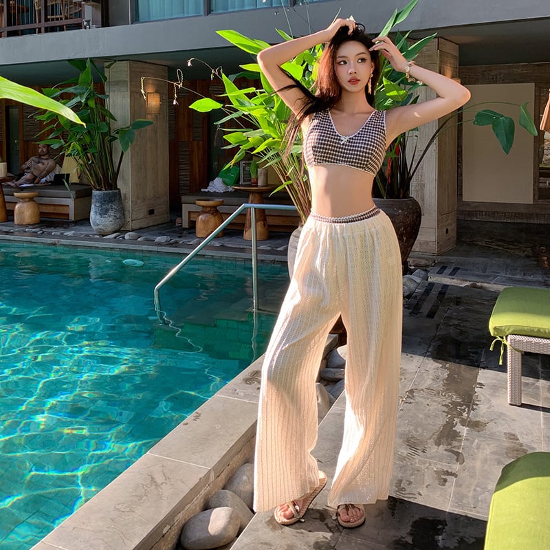 2026 novi resort stil trodijelni kupaćki set s kariranim uzorkom, seksi bikini visokog struka i širokih hlačica za spa