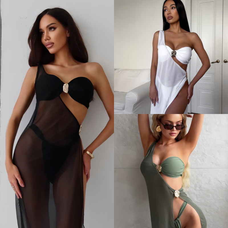 Ženski trodijelni bikini s dugom suknjom, visokim strukom, otvorenim leđima, jednobojni najlon kupaći s jastučićima za grudi