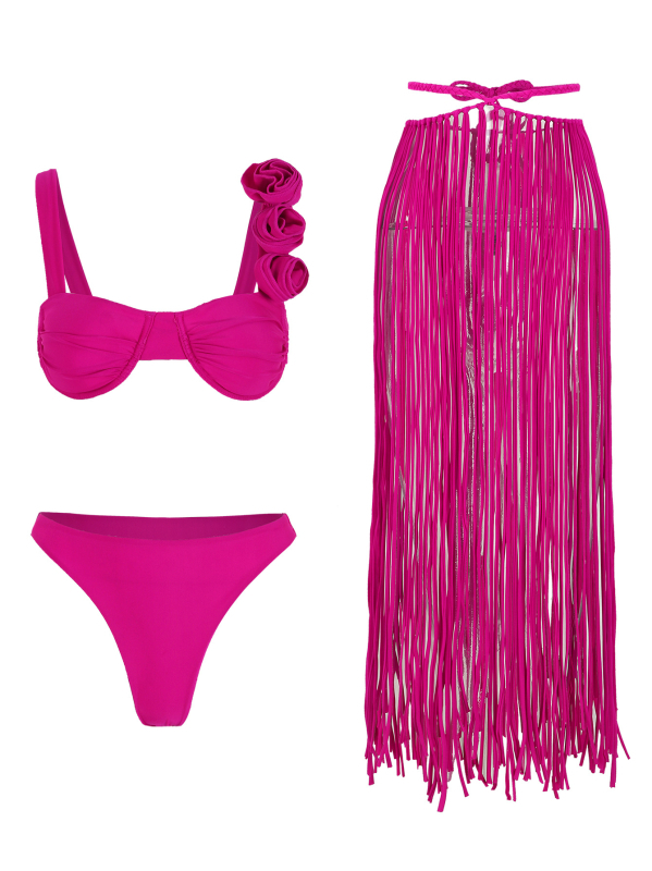 Ženski trodjelni bikini set, jednobojni uzorak, poliester tkanina, s čeličnom podrškom i jastučićem za prsima, za odrasle žene