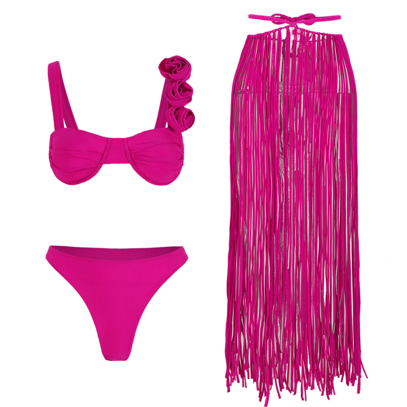 Ženski trodjelni bikini set, jednobojni uzorak, poliester tkanina, s čeličnom podrškom i jastučićem za prsima, za odrasle žene