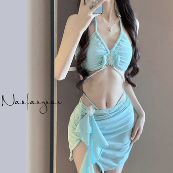 Trojodijelni bikini set za žene, mliječni svilenkasti materijal, jednofarban, korejski stil uzorka, dojke s jastučićima, bez čelične potpore, glavni materijal 95% poliester, 5% elastan, podstava 5% elastan