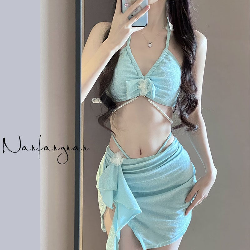 Trojodijelni bikini set za žene, mliječni svilenkasti materijal, jednofarban, korejski stil uzorka, dojke s jastučićima, bez čelične potpore, glavni materijal 95% poliester, 5% elastan, podstava 5% elastan