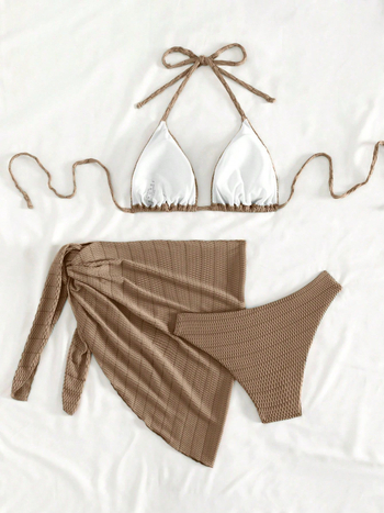 Trodjelni bikini set s vezanjem, jednopojedinim kupaćim i zaštitnom suknjom za sunce – ženski kupaći kostim, poliester 90/10, 190 g, podstava 95/5, jastučić za poprsje, bez metalne potpore