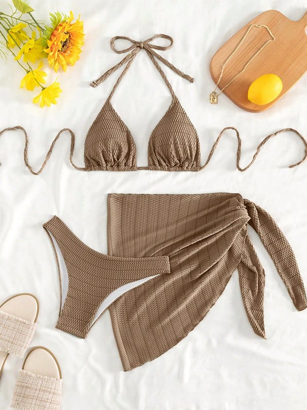 Trodjelni bikini set s vezanjem, jednopojedinim kupaćim i zaštitnom suknjom za sunce – ženski kupaći kostim, poliester 90/10, 190 g, podstava 95/5, jastučić za poprsje, bez metalne potpore