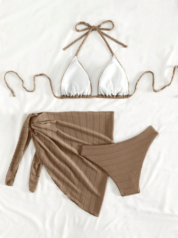 Trodjelni bikini set s vezanjem, jednopojedinim kupaćim i zaštitnom suknjom za sunce – ženski kupaći kostim, poliester 90/10, 190 g, podstava 95/5, jastučić za poprsje, bez metalne potpore