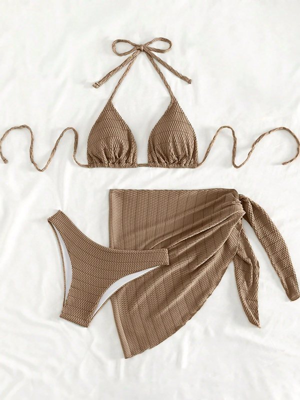 Trodjelni bikini set s vezanjem, jednopojedinim kupaćim i zaštitnom suknjom za sunce – ženski kupaći kostim, poliester 90/10, 190 g, podstava 95/5, jastučić za poprsje, bez metalne potpore