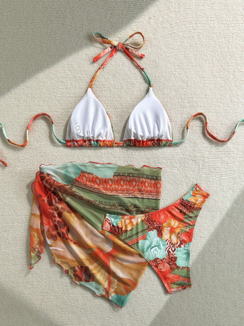 Ženski trodijelni bikini set s cvjetnim uzorkom i vezivanjem, s napuhnutim gornjim dijelom, poliester
