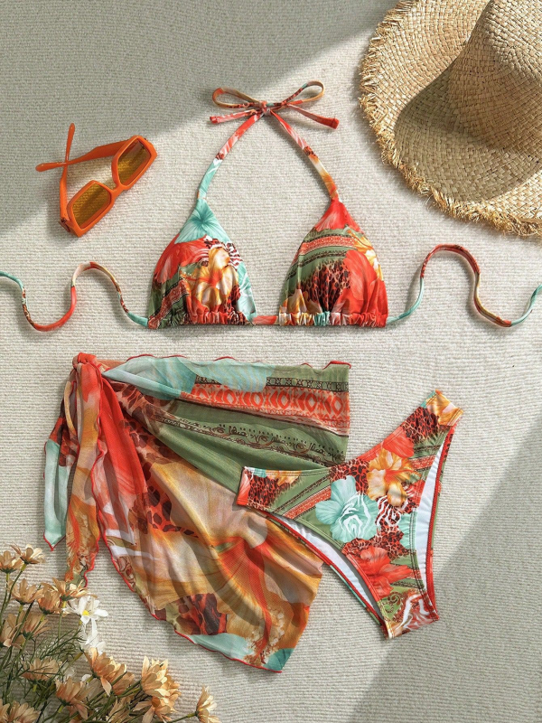 Ženski trodijelni bikini set s cvjetnim uzorkom i vezivanjem, s napuhnutim gornjim dijelom, poliester