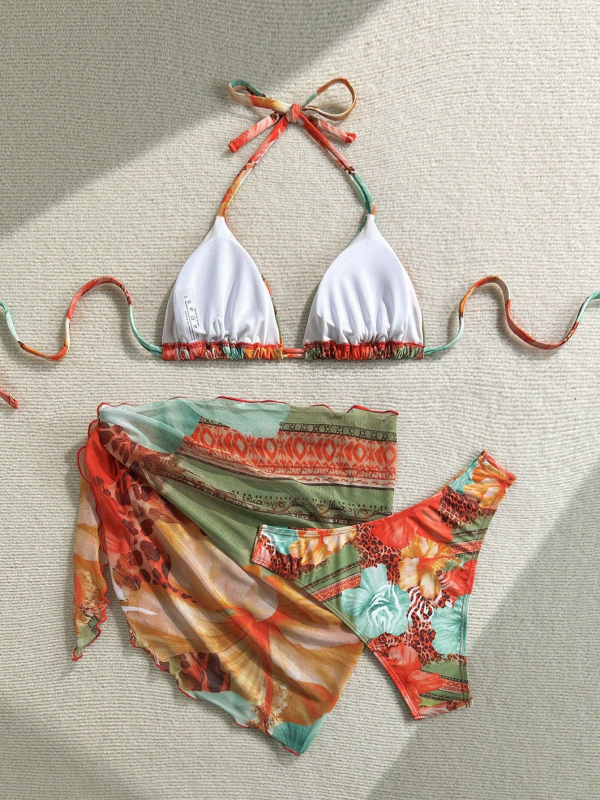 Ženski trodijelni bikini set s cvjetnim uzorkom i vezivanjem, s napuhnutim gornjim dijelom, poliester