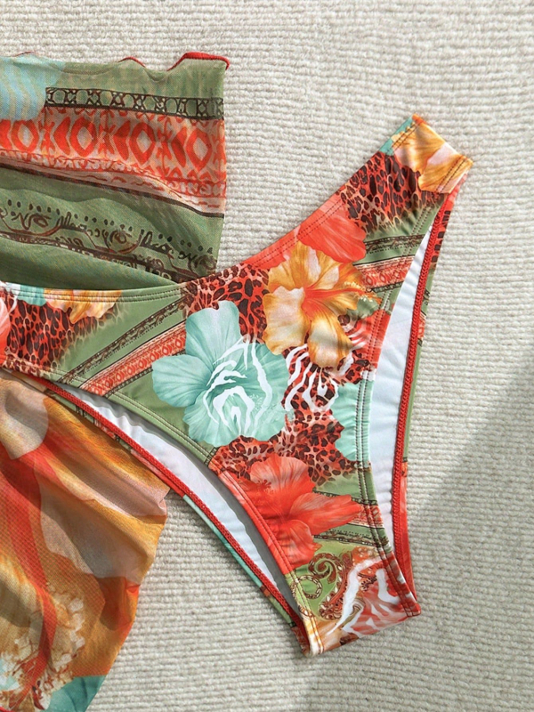 Ženski trodijelni bikini set s cvjetnim uzorkom i vezivanjem, s napuhnutim gornjim dijelom, poliester