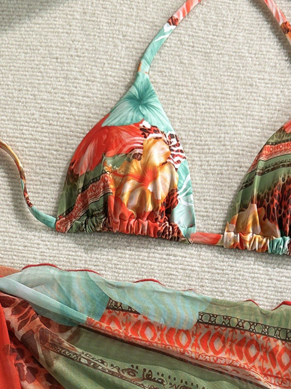 Ženski trodijelni bikini set s cvjetnim uzorkom i vezivanjem, s napuhnutim gornjim dijelom, poliester