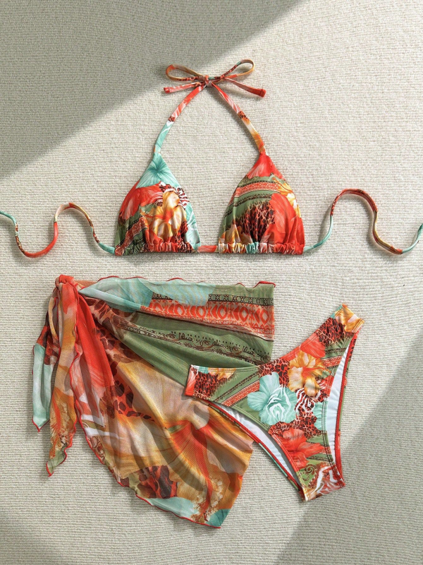 Ženski trodijelni bikini set s cvjetnim uzorkom i vezivanjem, s napuhnutim gornjim dijelom, poliester