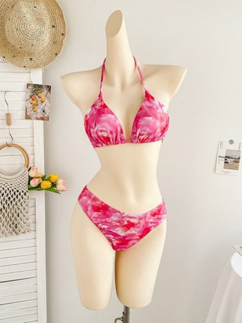 Ženski trodjelni bikini set s trokutastim gornjim dijelom i vezicama, cvjetni uzorak