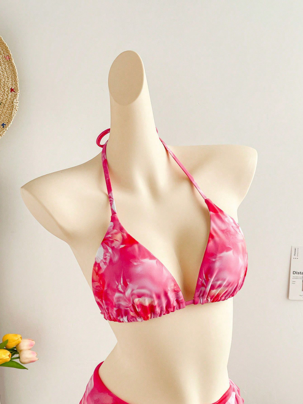 Ženski trodjelni bikini set s trokutastim gornjim dijelom i vezicama, cvjetni uzorak