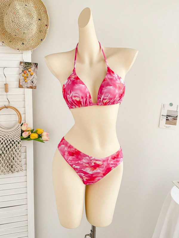 Ženski trodjelni bikini set s trokutastim gornjim dijelom i vezicama, cvjetni uzorak