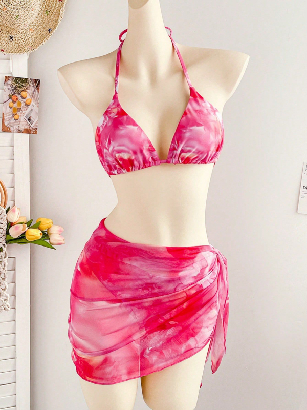 Ženski trodjelni bikini set s trokutastim gornjim dijelom i vezicama, cvjetni uzorak
