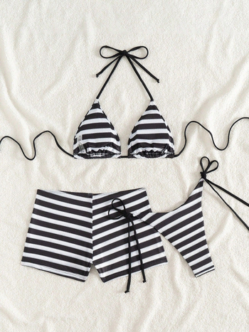 Háromrészes csíkos bikini szett melltámaszokkal, poliészter 90/10, női fürdőruha úszáshoz