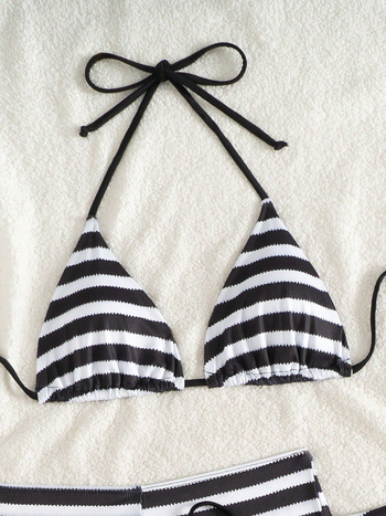 Háromrészes csíkos bikini szett melltámaszokkal, poliészter 90/10, női fürdőruha úszáshoz