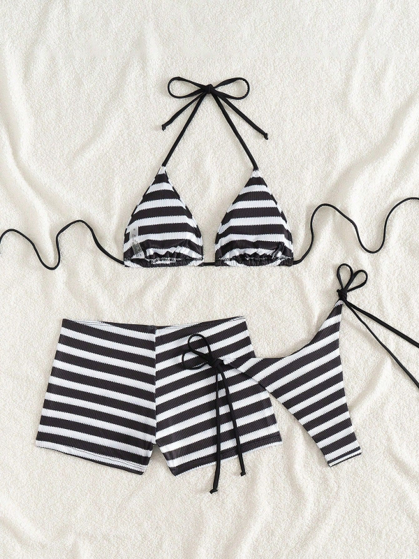 Háromrészes csíkos bikini szett melltámaszokkal, poliészter 90/10, női fürdőruha úszáshoz