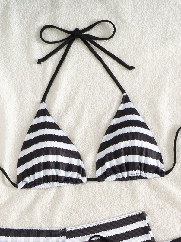 Háromrészes csíkos bikini szett melltámaszokkal, poliészter 90/10, női fürdőruha úszáshoz