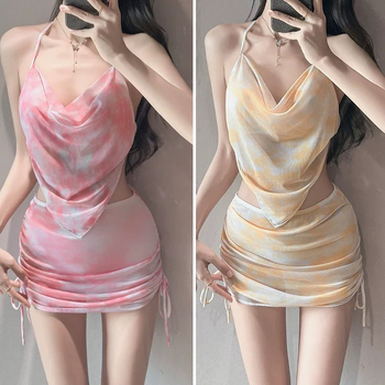 Ženski trodijelni bikini set, tie-dye print, poliester s brzim sušenjem, s jastučićima u cupama, bez čelične potpore