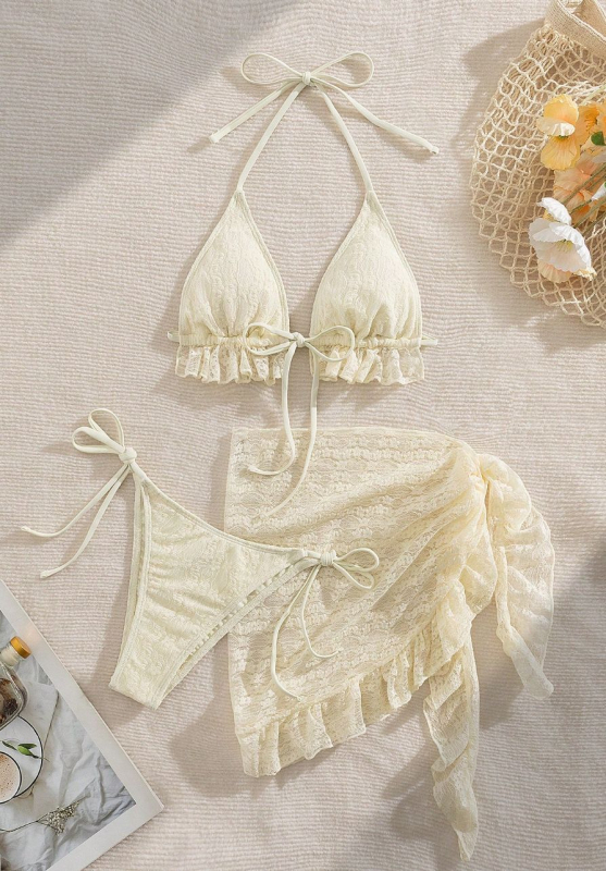 Ženski trodjelni bikini — leđa bez pokrića, čipkaste naramenice, umetak za prsni koš, poliester 90% / podstava 10%