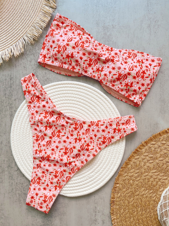 Bikini set s tube-topom, cvjetni print, niska talija s vezicama, napuhnut vrh s modalnom podlogom, za plivanje