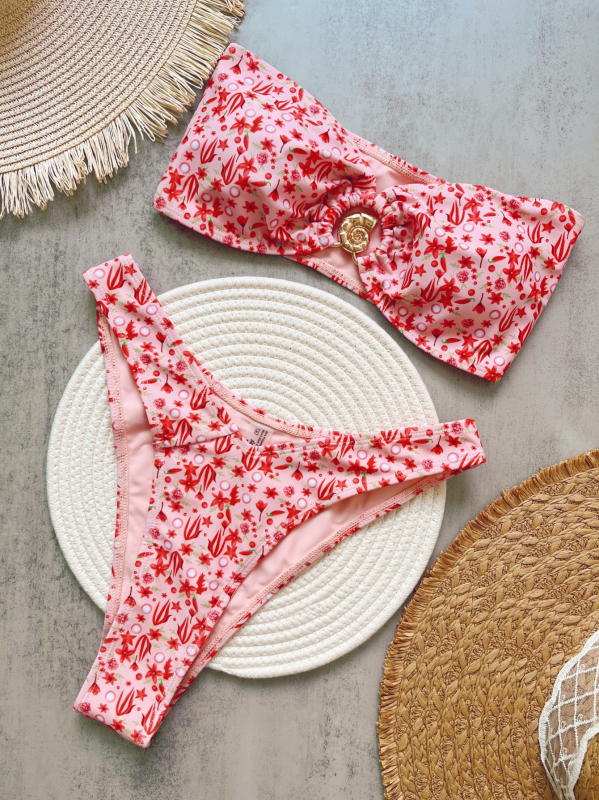 Bikini set s tube-topom, cvjetni print, niska talija s vezicama, napuhnut vrh s modalnom podlogom, za plivanje