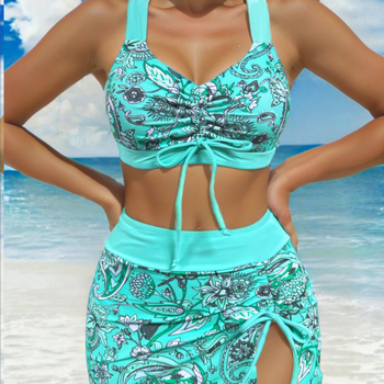 Ženski bikini set s visokim strukom i šnurlom, tri dijela, bez naramenica, s umetkom za grudi, poliester 85% i podstava 15%, uzorak: slomljeni cvjetovi