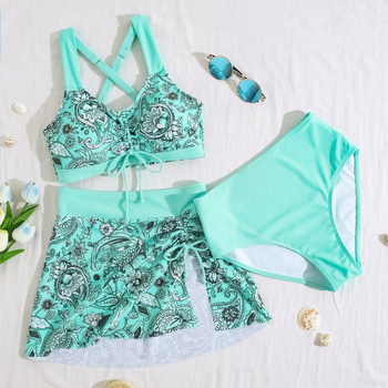Ženski bikini set s visokim strukom i šnurlom, tri dijela, bez naramenica, s umetkom za grudi, poliester 85% i podstava 15%, uzorak: slomljeni cvjetovi
