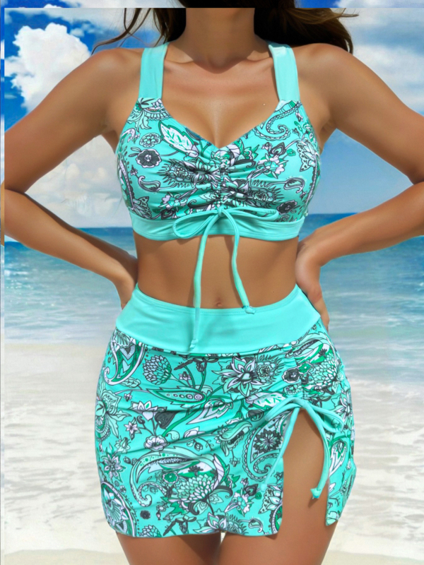 Ženski bikini set s visokim strukom i šnurlom, tri dijela, bez naramenica, s umetkom za grudi, poliester 85% i podstava 15%, uzorak: slomljeni cvjetovi