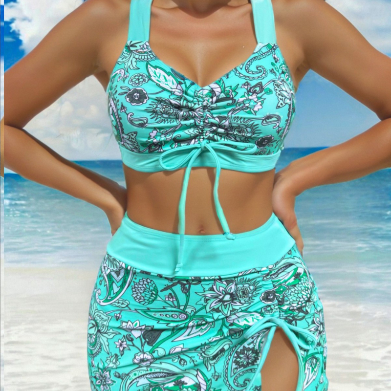 Ženski bikini set s visokim strukom i šnurlom, tri dijela, bez naramenica, s umetkom za grudi, poliester 85% i podstava 15%, uzorak: slomljeni cvjetovi
