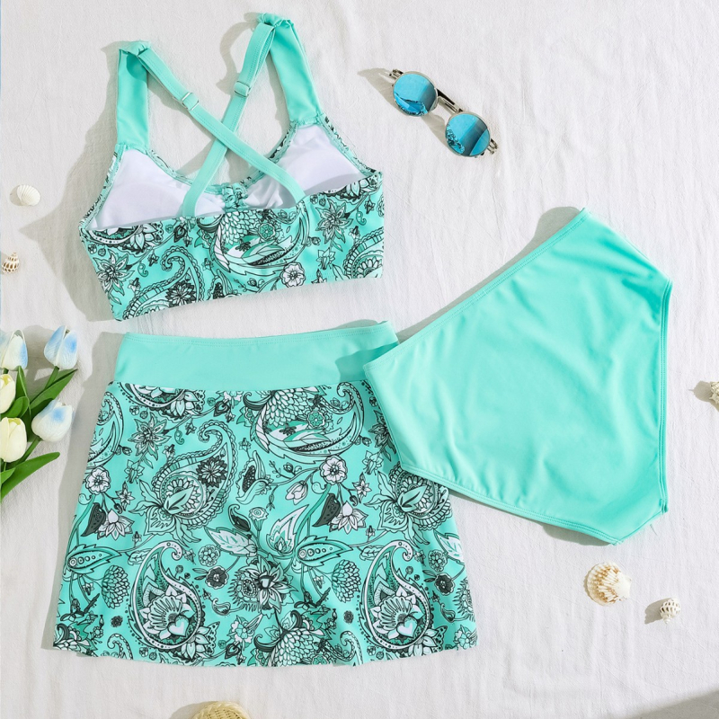 Ženski bikini set s visokim strukom i šnurlom, tri dijela, bez naramenica, s umetkom za grudi, poliester 85% i podstava 15%, uzorak: slomljeni cvjetovi