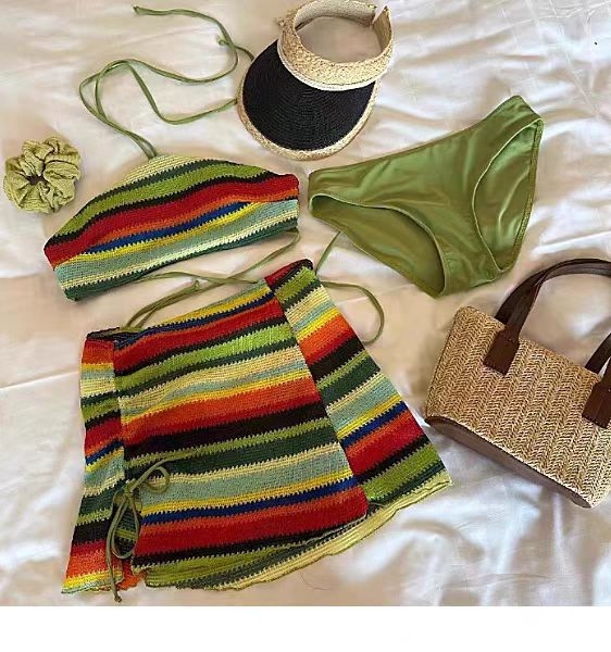 Ženski pleteni kupaći kostim s dužim prugama, trodjelni bikini set s jastučićima za grudi, 82% elastan, podstava poliester