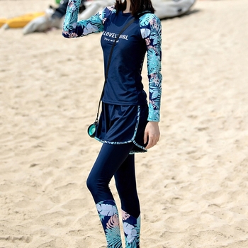 Ženski trodijelni kupaći set s dugim rukavima i dugim hlačama, konzervativan kroj, kontrola trbuha, poliester, za ronjenje, toplinski izvori i surfanje