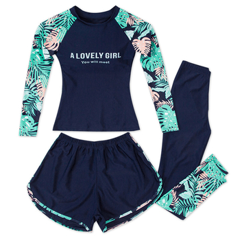 Ženski trodijelni kupaći set s dugim rukavima i dugim hlačama, konzervativan kroj, kontrola trbuha, poliester, za ronjenje, toplinski izvori i surfanje