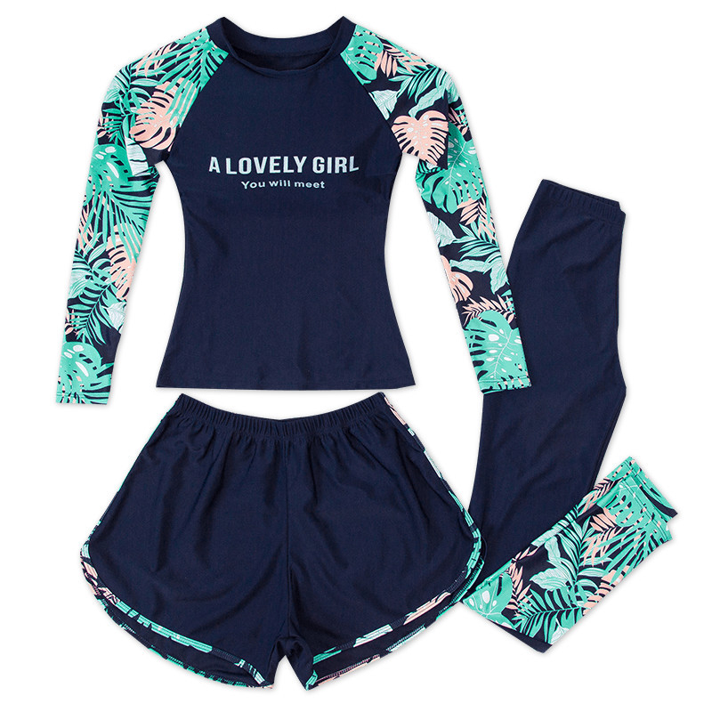 Ženski trodijelni kupaći set s dugim rukavima i dugim hlačama, konzervativan kroj, kontrola trbuha, poliester, za ronjenje, toplinski izvori i surfanje