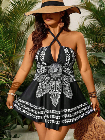 Ženski tankini set s gornjim dijelom-vestom, razdvojeni kupaći kostim, retro otisak, ugrađena jastučić za prsa, poliester 82/18 (200gsm)