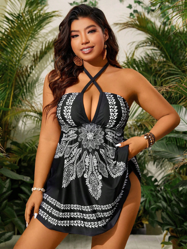 Ženski tankini set s gornjim dijelom-vestom, razdvojeni kupaći kostim, retro otisak, ugrađena jastučić za prsa, poliester 82/18 (200gsm)