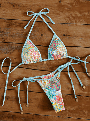 Bikini set s floralnim printom, halterneck dizajn, bez leđa, s jastučićima za dojke, uski kroj, poliester s podstavom od spandexa, 82% poliester, 18% spandex, 112 g