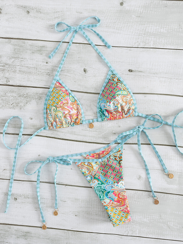 Bikini set s floralnim printom, halterneck dizajn, bez leđa, s jastučićima za dojke, uski kroj, poliester s podstavom od spandexa, 82% poliester, 18% spandex, 112 g