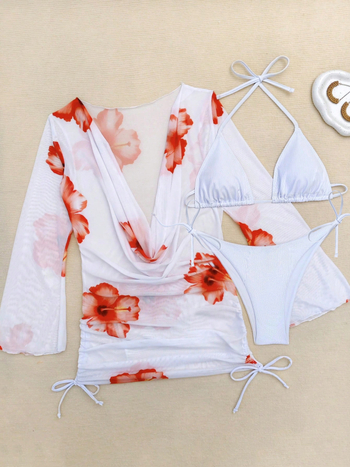 Ženski trodjelni plažni set: dugi rukav, bikini visokog struka, gornji dio s umetkom; mrežasti uzorak, bez leđa, visoka elastičnost; materijal 95% poliester, podstava 5% elastan