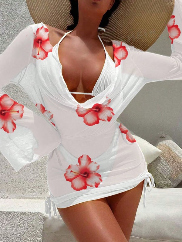 Ženski trodjelni plažni set: dugi rukav, bikini visokog struka, gornji dio s umetkom; mrežasti uzorak, bez leđa, visoka elastičnost; materijal 95% poliester, podstava 5% elastan