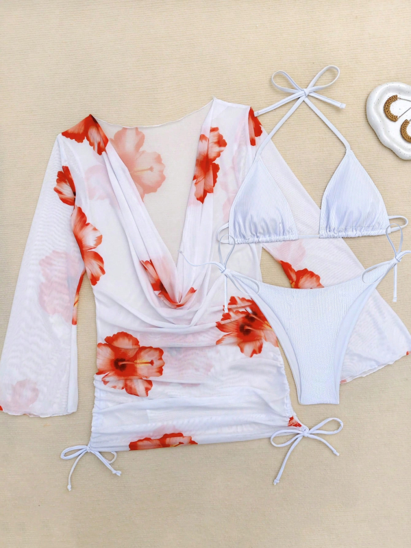 Ženski trodjelni plažni set: dugi rukav, bikini visokog struka, gornji dio s umetkom; mrežasti uzorak, bez leđa, visoka elastičnost; materijal 95% poliester, podstava 5% elastan